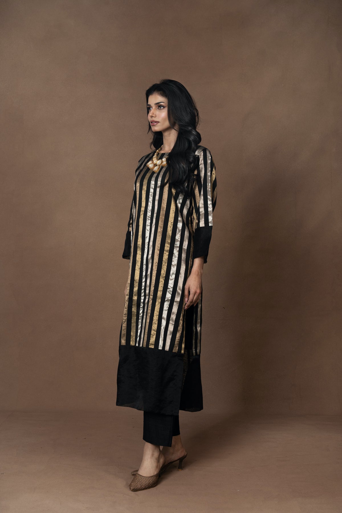 Black Metallic Silk Kurta Set with Organza Detailing