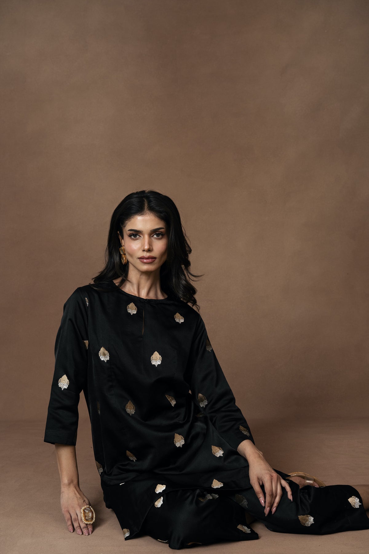 Black Gold Silver Boota Kurta Set
