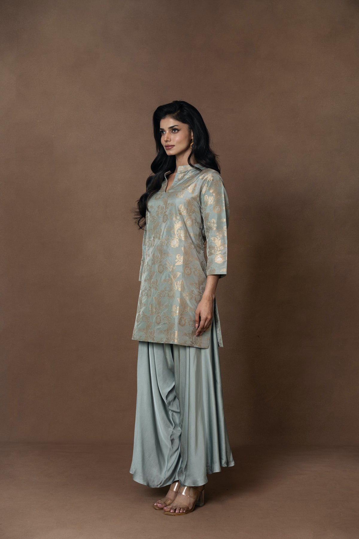 Powder Blue Silk Kurta with Drape Pant Set