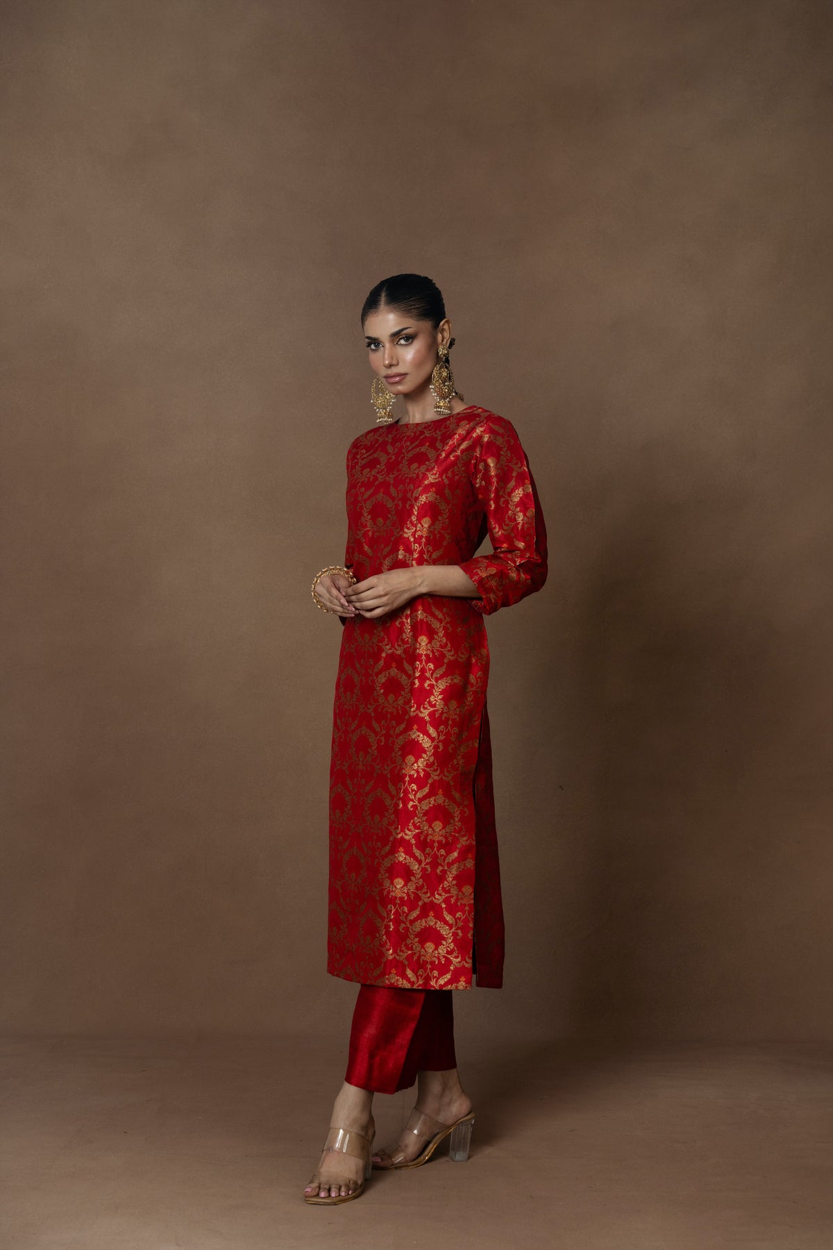 Red Banarsi Jaal Silk Kurta Set