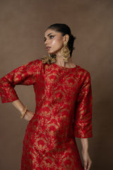 Red Banarsi Jaal Silk Kurta Set