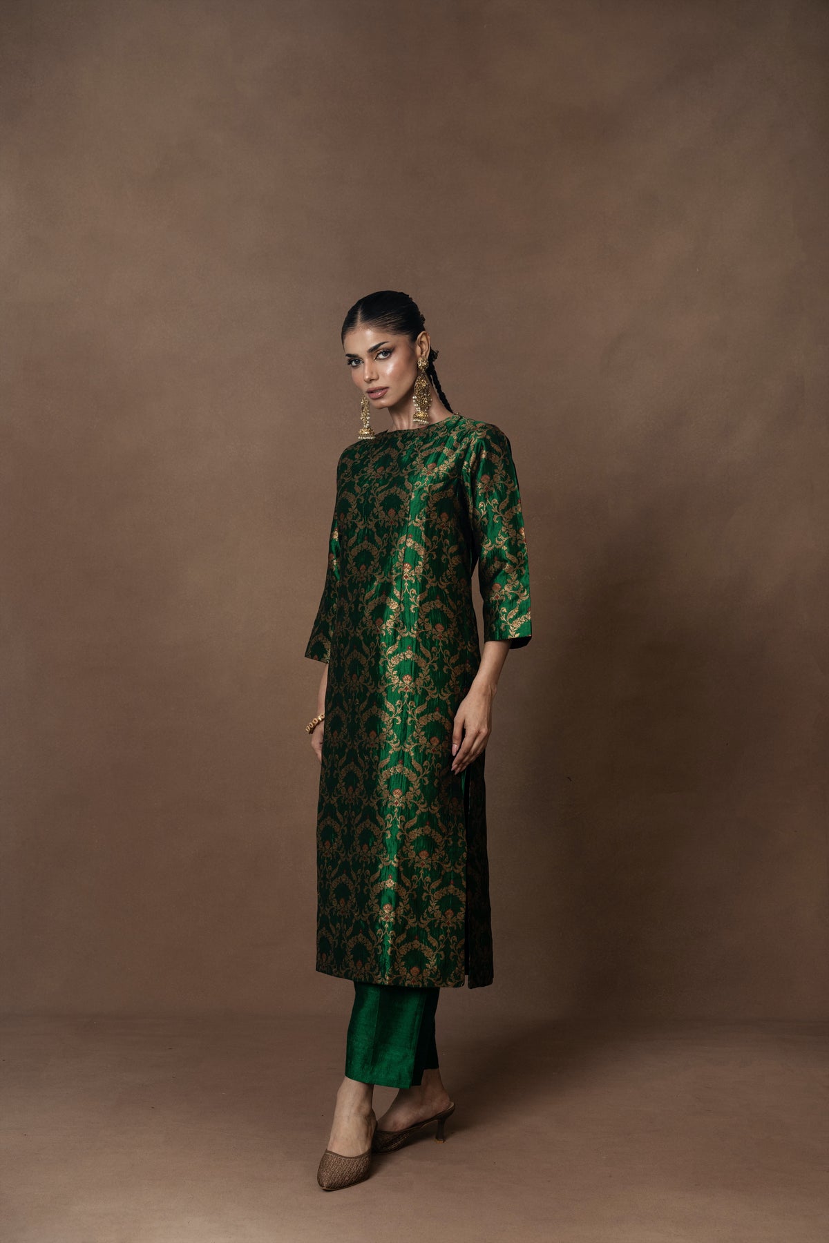 Green Banarsi Jaal Silk Kurta Set