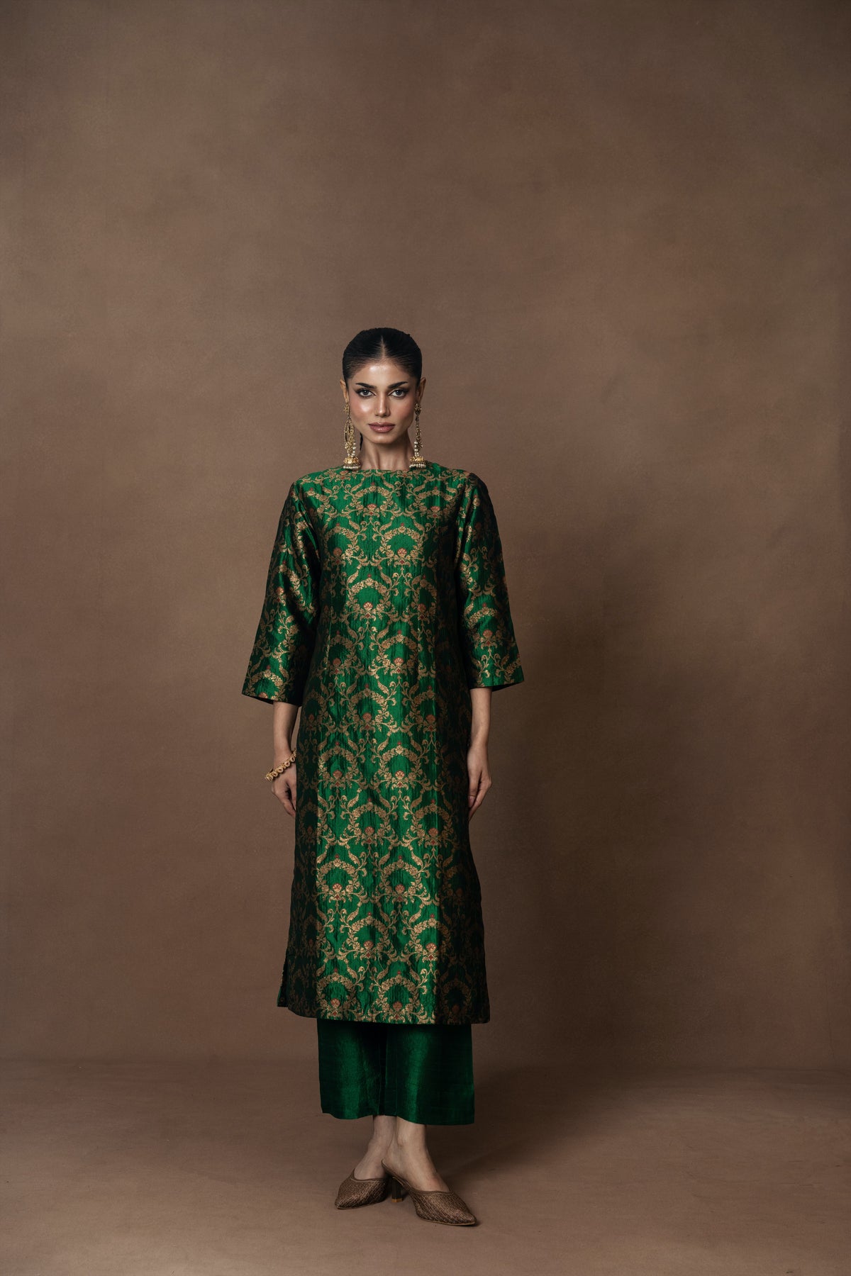 Green Banarsi Jaal Silk Kurta Set