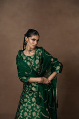 Green Floral Jaal Silk Kurta Garara with Zardosi Duppatta