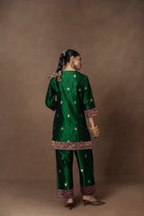 Green Silk Boota Kurta Pant Set