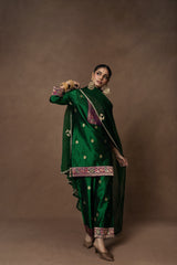 Green Silk Boota Kurta Pant Set with Hand Embroidered Duppatta
