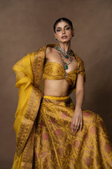 Yellow Meenakari Silk Lehenga with Organza Duppatta and Blouse Piece