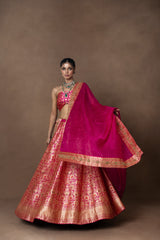Pink Meenakari Brocade Lehenga with Zardosi Organza Duppatta and Blouse Piece