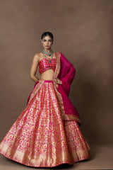 Pink Meenakari Brocade Lehenga with Zardosi Organza Duppatta and Blouse Piece