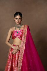 Pink Meenakari Brocade Lehenga with Zardosi Organza Duppatta and Blouse Piece