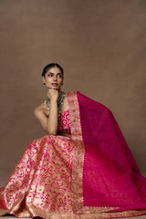Pink Meenakari Brocade Lehenga with Zardosi Organza Duppatta and Blouse Piece