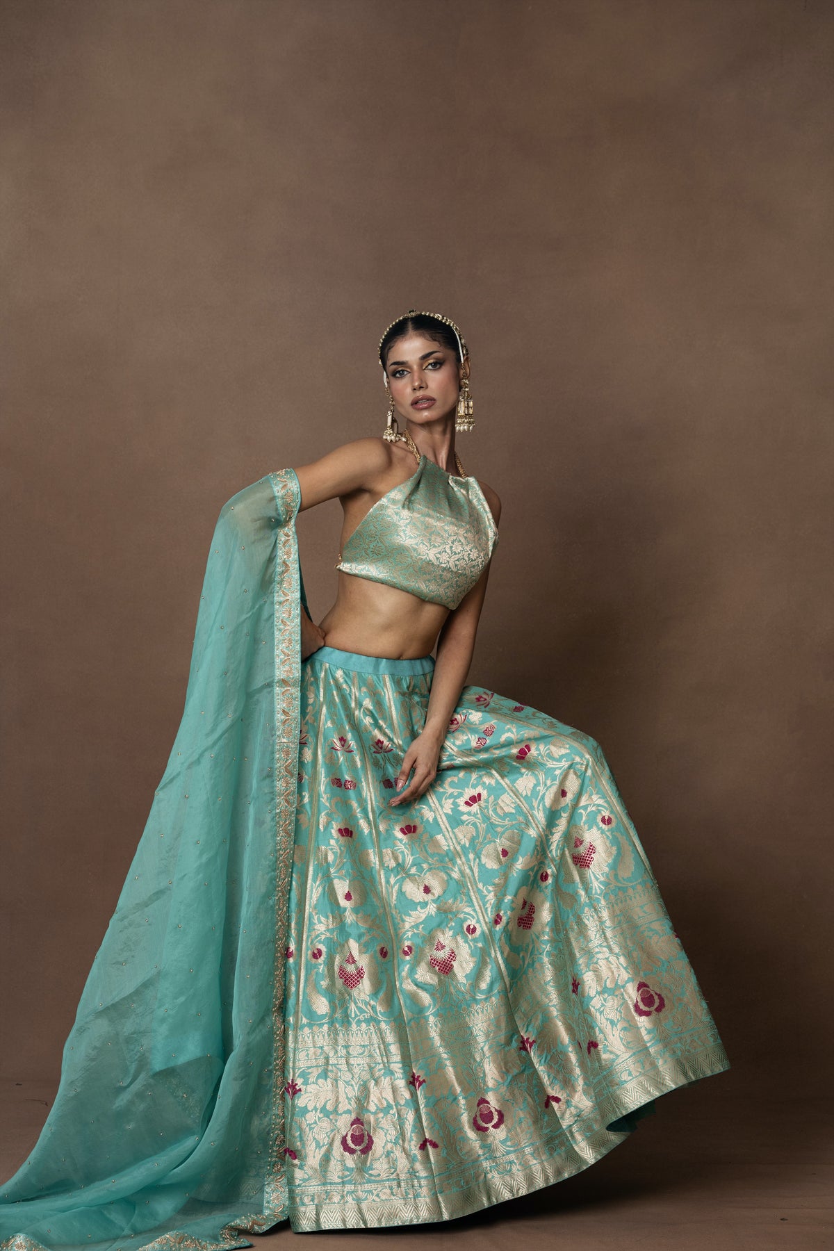 Firozi Banarsi Silk Lehenga with Zardosi Organza Duppatta and Blouse Piece