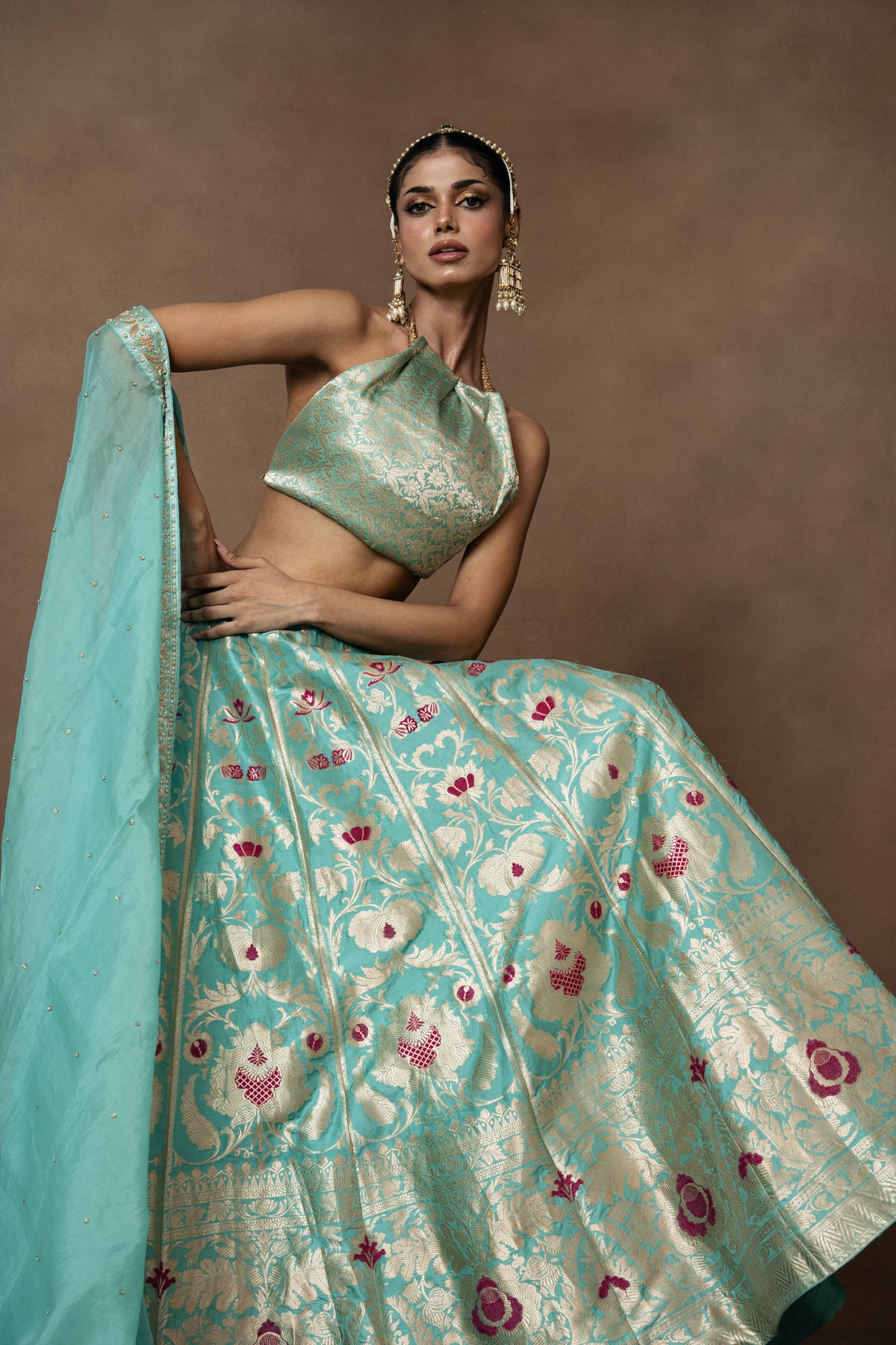 Firozi Banarsi Silk Lehenga with Zardosi Organza Duppatta and Blouse Piece