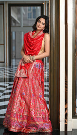 Red Banarasi Silk Navratan Lehenga Set