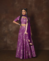 Purple Meenakari Brocade Silk Lehenga with Organza Duppatta Set