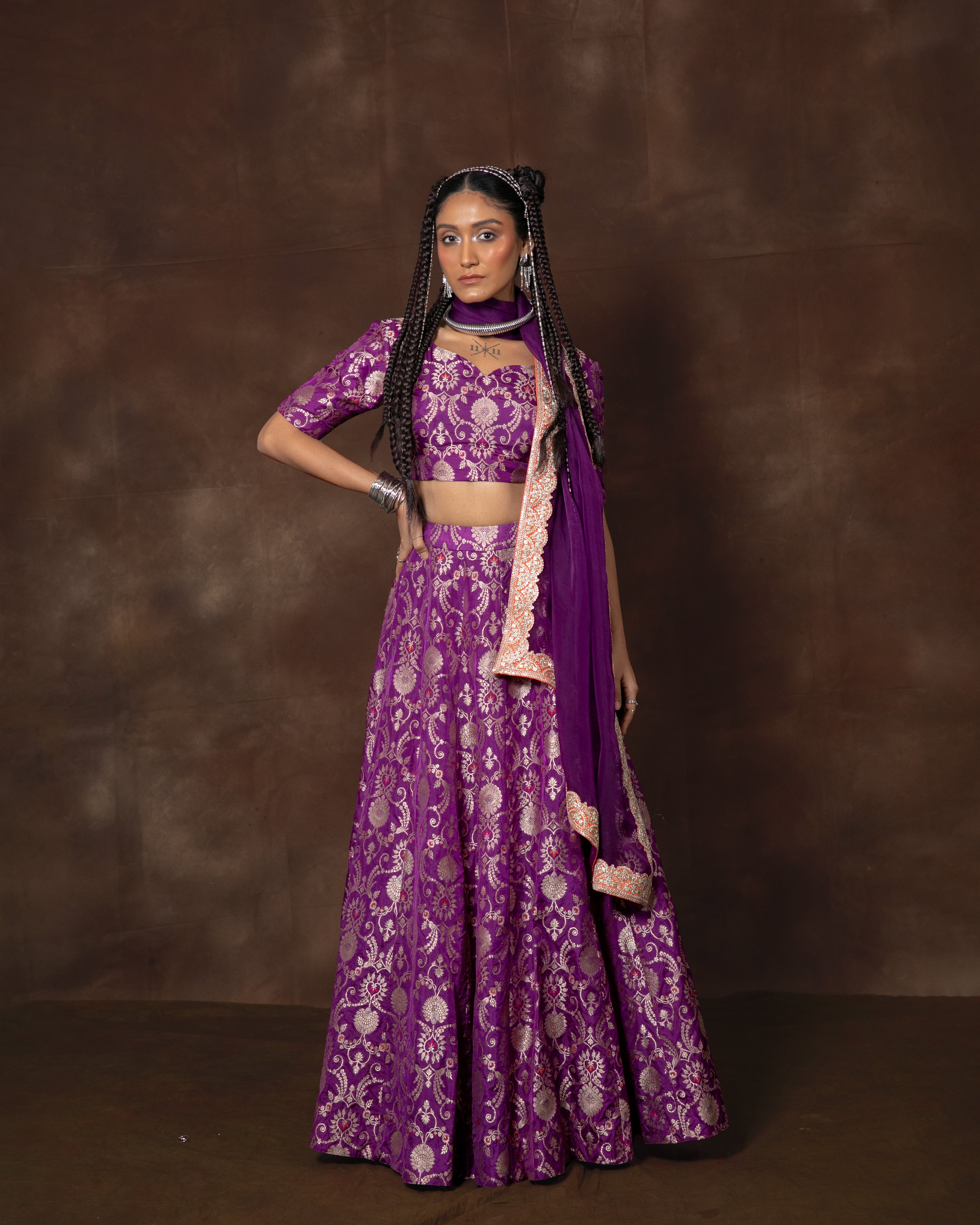 Purple Meenakari Brocade Silk Lehenga with Organza Duppatta Set