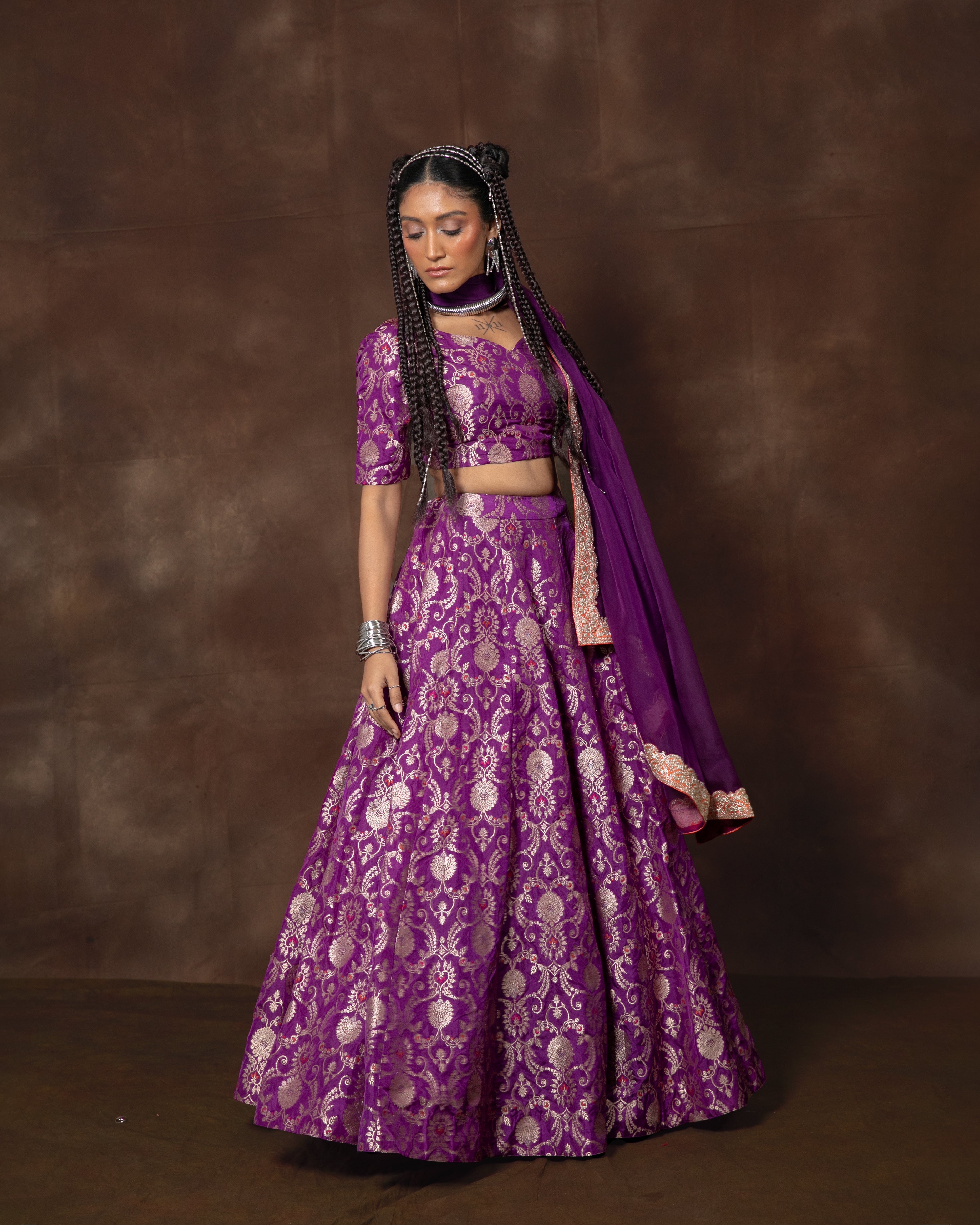 Purple Meenakari Brocade Silk Lehenga with Organza Duppatta Set