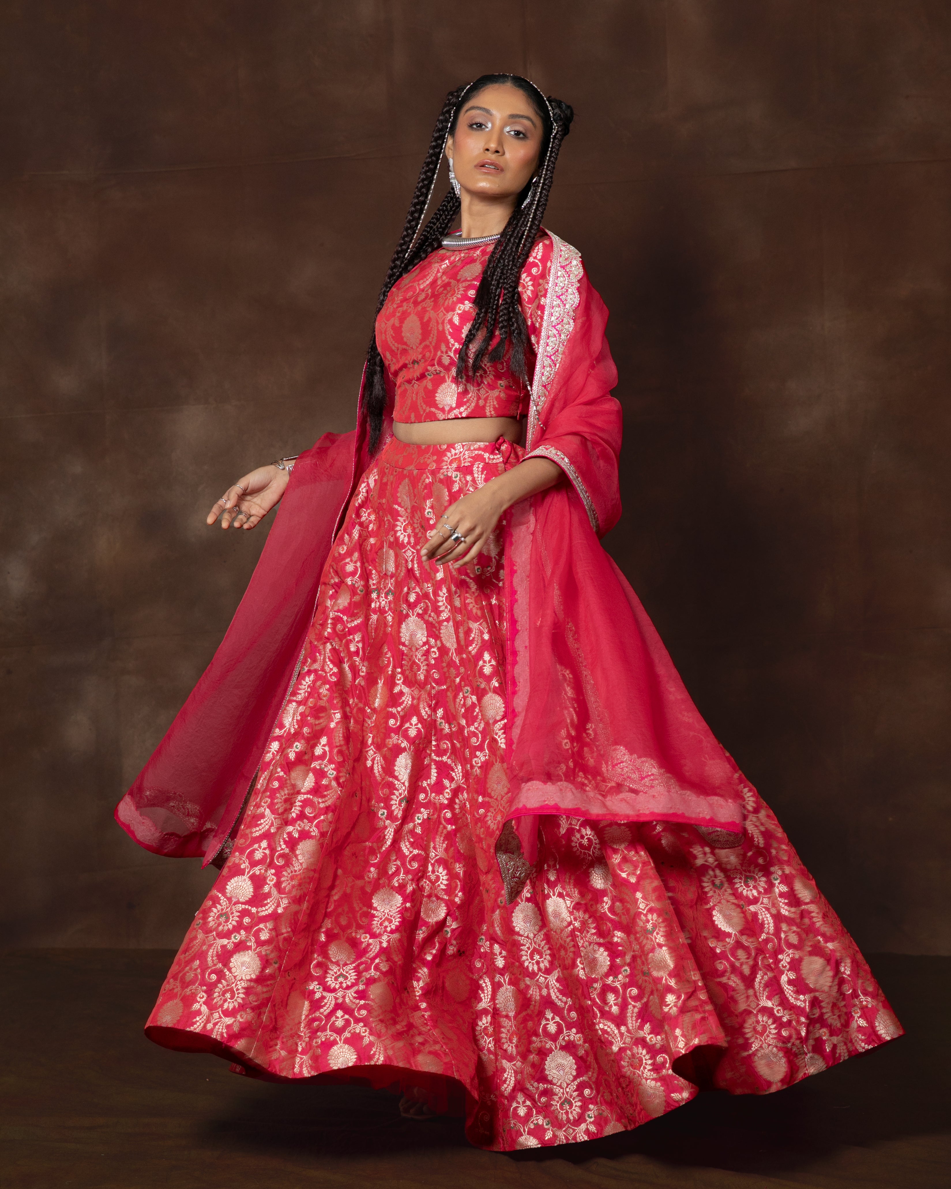 Pink Meenakari Brocade Silk Lehenga with Organza Duppatta Set