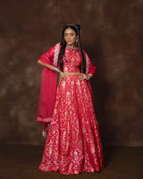 Pink Meenakari Brocade Silk Lehenga with Organza Duppatta Set