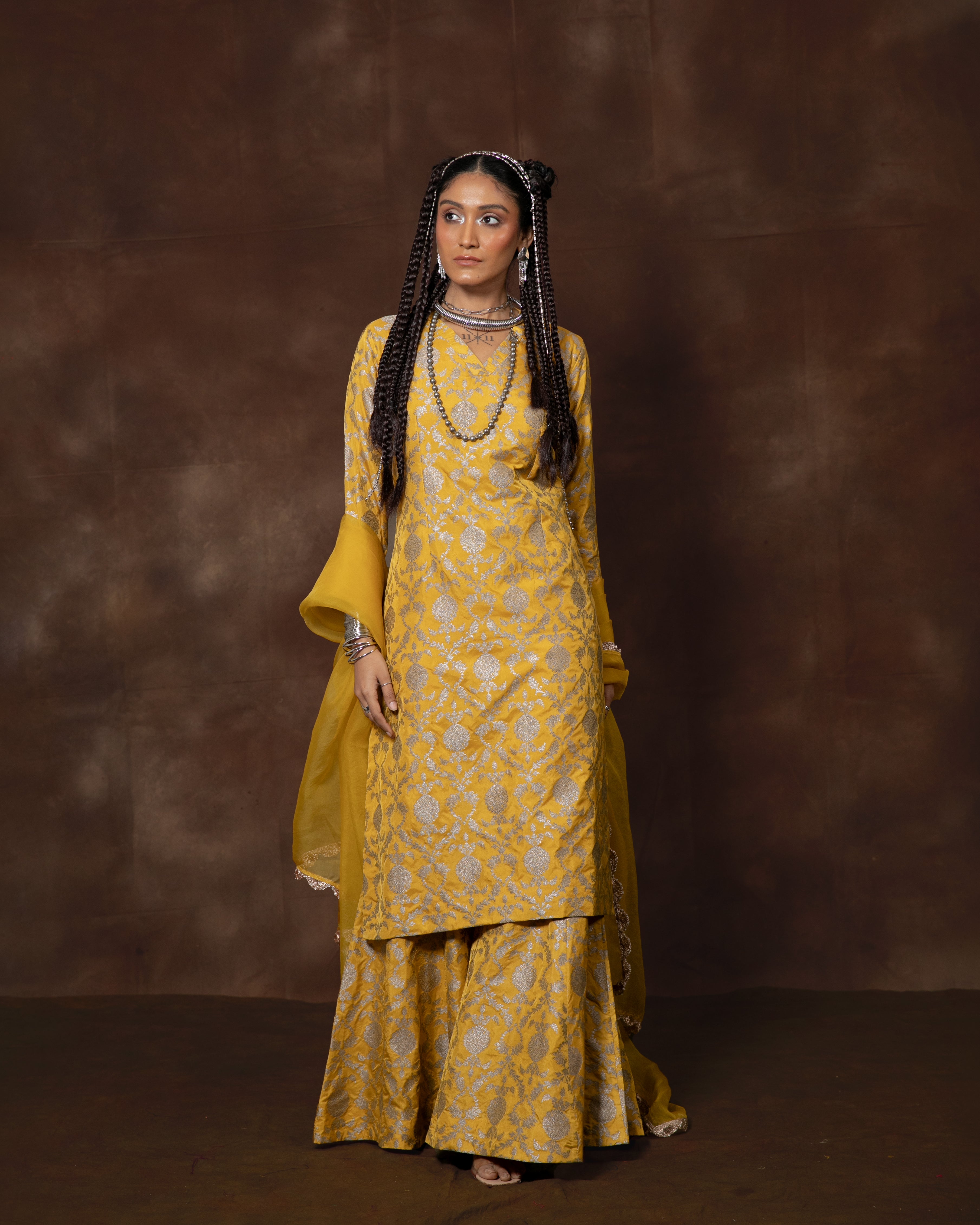 Yellow Banarsi Silk Kurta Garara Set with Organza Duppatta