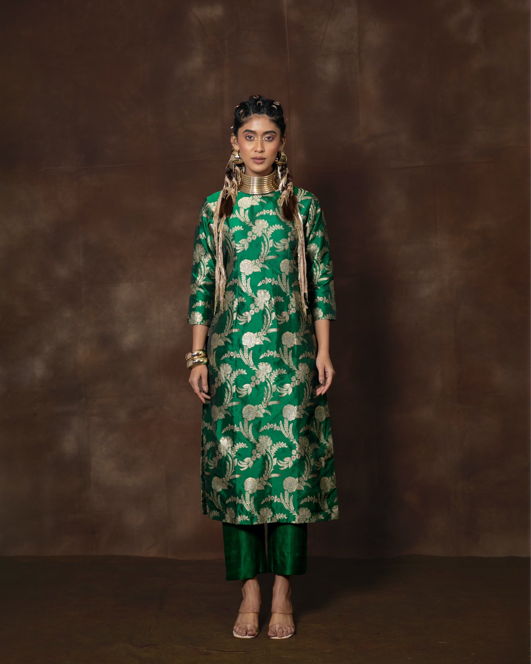 Green Jaal Banarasi Silk Kurta Set