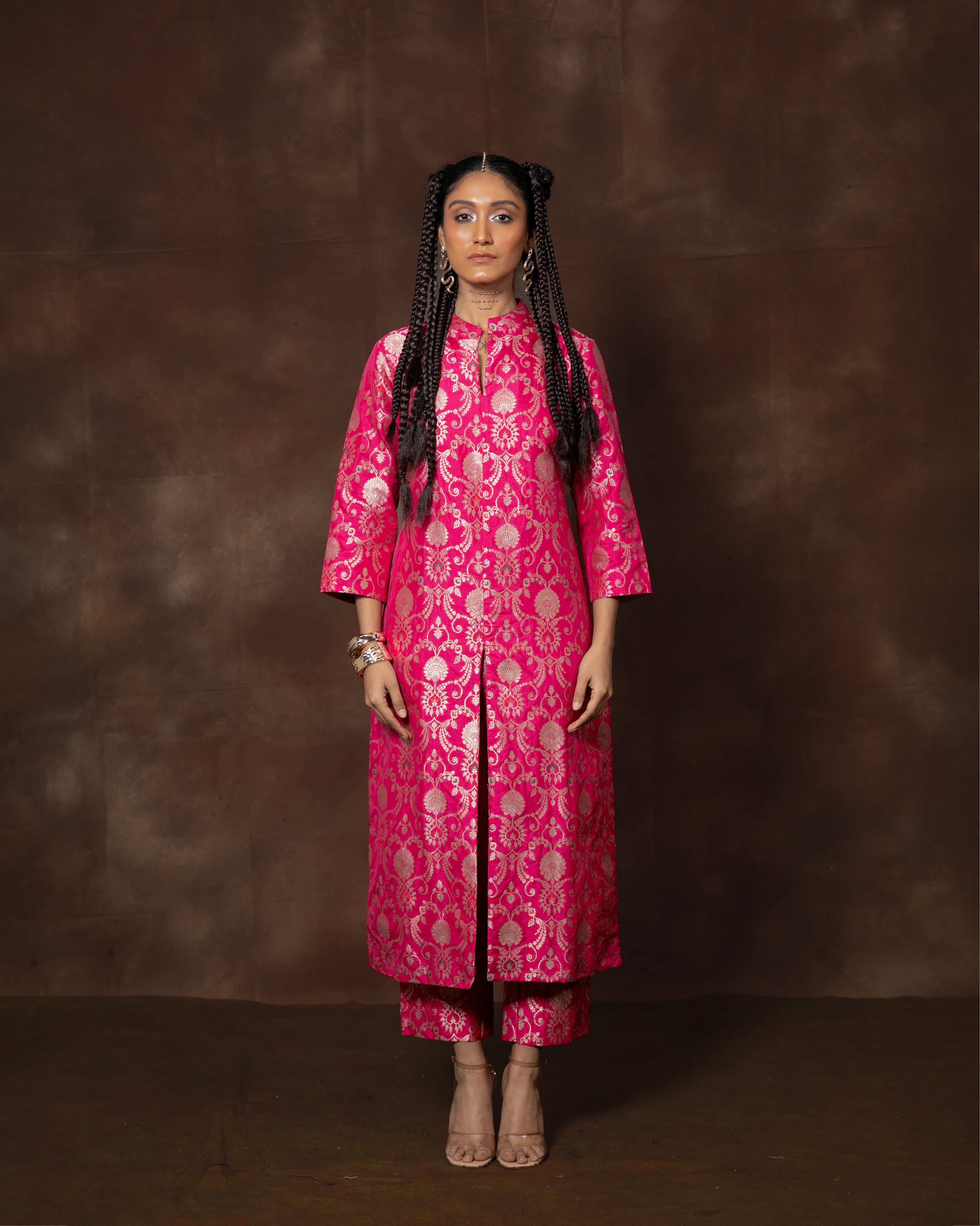 Pink Meenakari Banarsi Silk Kurta with Brocade Pant