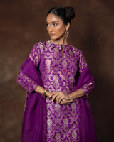 Purple Banarsi Silk Kurta Sharara Set with Organza Duppatta