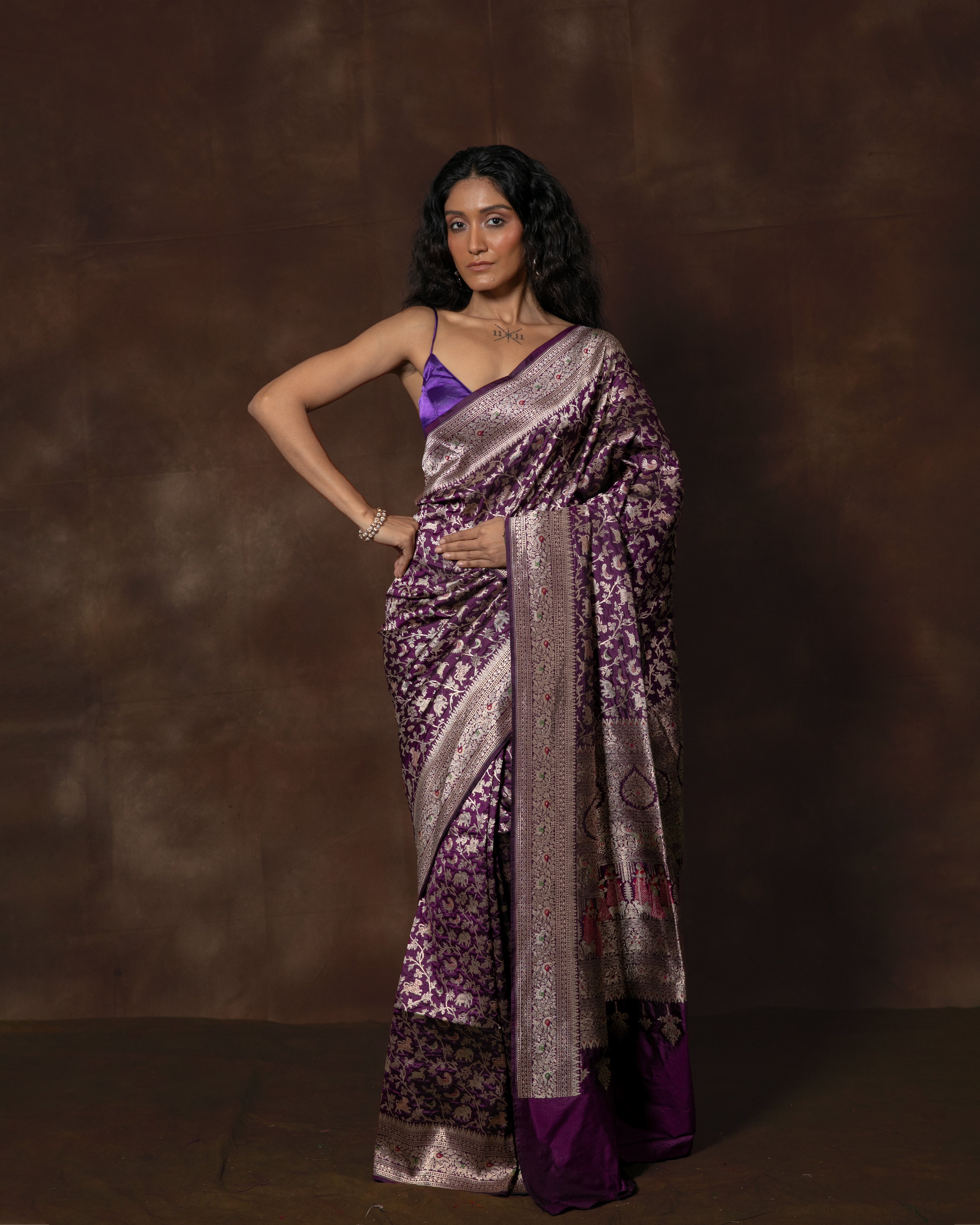 Purple Shikargah Banarasi Silk Saree with Meenakari & Running Blouse