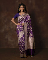 Purple Floral Jaal Banarsi Silk Saree with Running Blouse