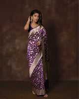 Purple Floral Jaal Banarsi Silk Saree with Running Blouse