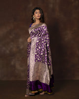 Purple Floral Jaal Banarsi Silk Saree with Running Blouse