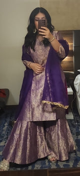 Purple Brocade Long Kurta Garara Set with Organza Duppatta
