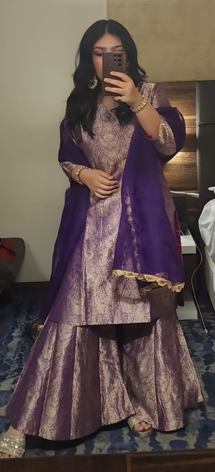 Purple Brocade Long Kurta Garara Set with Organza Duppatta