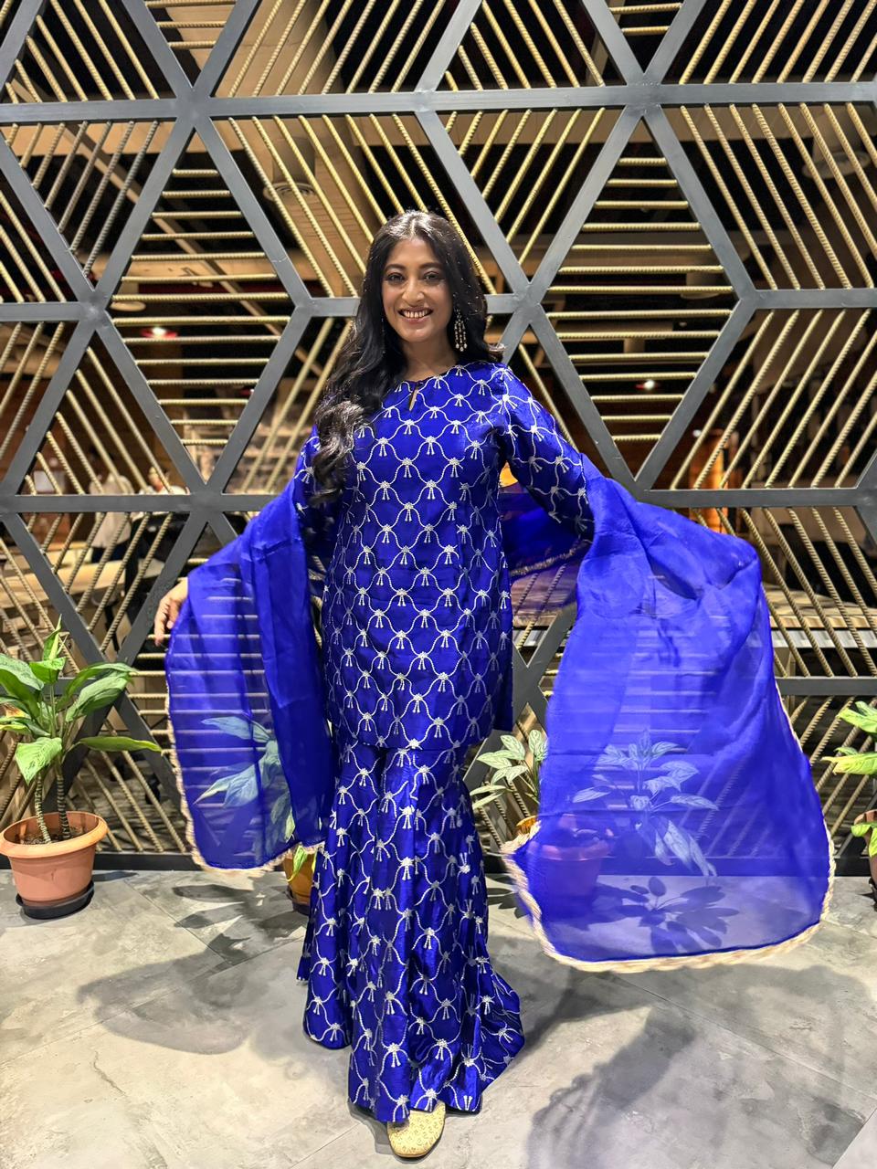 Paoli Dam in Royal Blue Summer Silk Kurta Garara Set