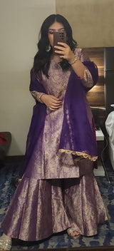 Purple Brocade Long Kurta Garara Set with Organza Duppatta