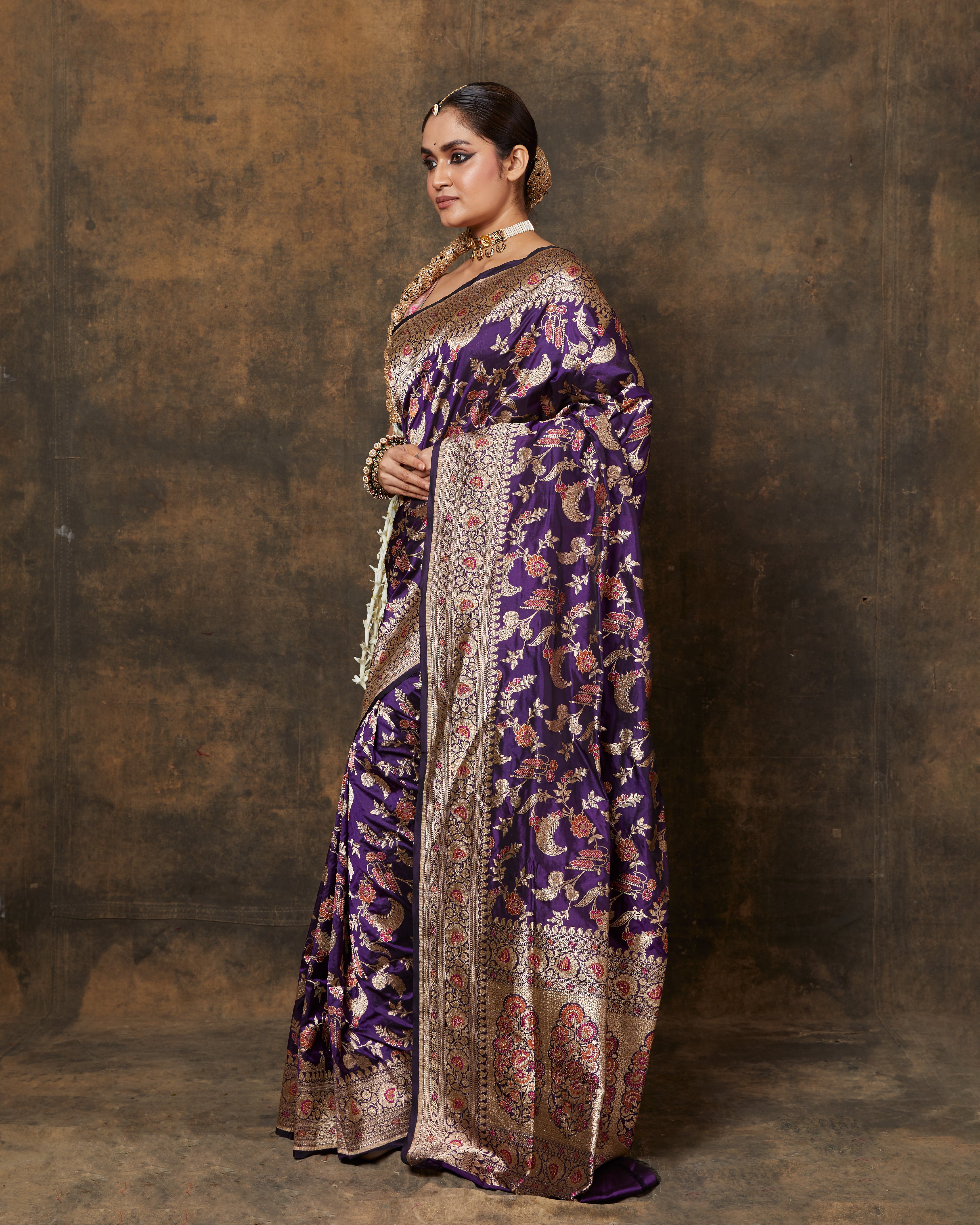Purple Handwoven Jaal Multi-Colour Meenakari Saree with Running Blouse Piece