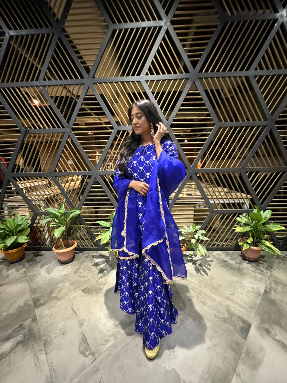 Paoli Dam in Royal Blue Summer Silk Kurta Garara Set